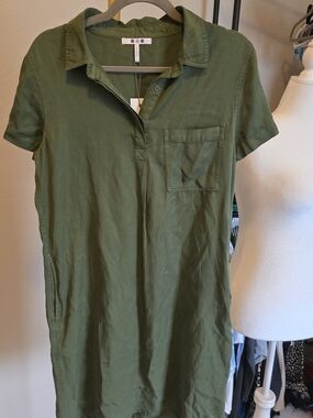 Three Dots Olive Green Short Sleeve Tencel Mini Dress